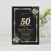 Invitation Elégant cadre d'or Flower Black 50e anniversaire (Debout devant)