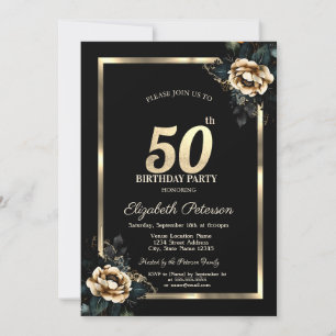 Invitation Elégant cadre d'or Flower Black 50e anniversaire