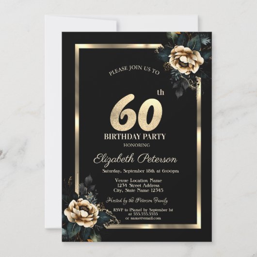 Invitation Elégant cadre d'or Flower Black 60e anniversaire (Devant)