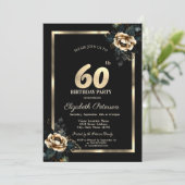 Invitation Elégant cadre d'or Flower Black 60e anniversaire (Debout devant)