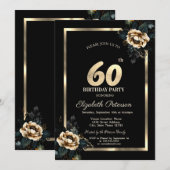 Invitation Elégant cadre d'or Flower Black 60e anniversaire (Devant / Derrière)