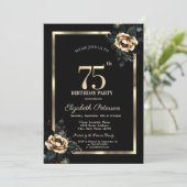 Invitation Elégant cadre d'or Flower Black 75e anniversaire (Debout devant)