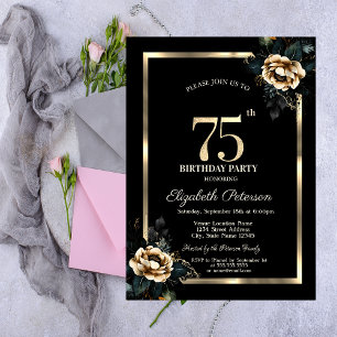 Invitation Elégant cadre d'or Flower Black 75e anniversaire