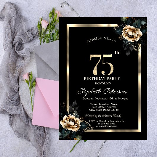 Invitation Elégant cadre d'or Flower Black 75e anniversaire