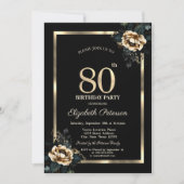 Invitation Elégant cadre d'or Flower Black 80e anniversaire (Devant)