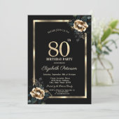 Invitation Elégant cadre d'or Flower Black 80e anniversaire (Debout devant)