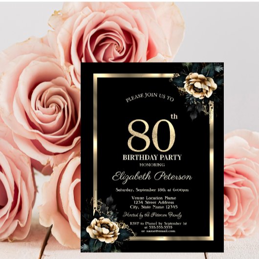 Invitation Elégant cadre d'or Flower Black 80e anniversaire