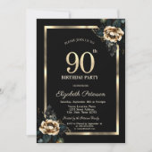 Invitation Elégant cadre d'or Flower Black 90e anniversaire (Devant)