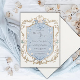 Invitation Élégant cadre doré floral bleu pour Baby Shower