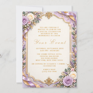 Invitation Élégant cadre doré floral lavande personnalisable