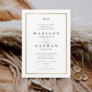 Invitation Élégant Cadre Doré Mariage Noir et Blanc