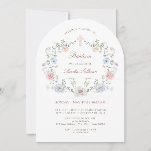 Invitation Élégant cadre floral Baptême (Devant)
