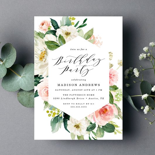 Invitation Elégant cadre floral Blush fête d'anniversaire