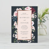 Invitation Elégant cadre floral bordeaux & marine aquarelle (Debout devant)