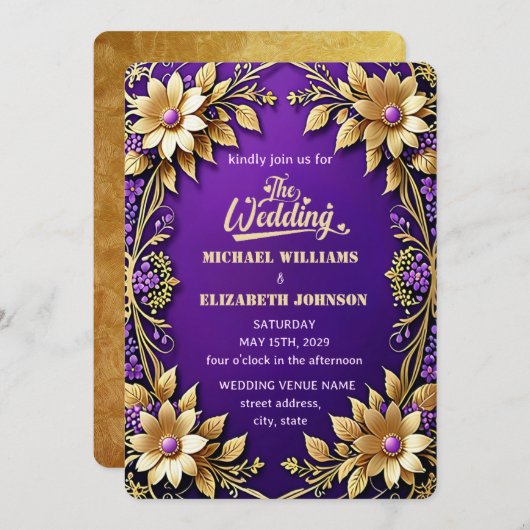 Invitation Elégant cadre Floral Or Mariage violet (Devant / Derrière)