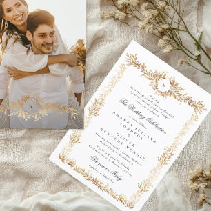 Invitation élégant cadre floral or monogramme photo mariage