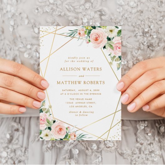 Invitation élégant cadre géométrique mariage floral rose pâle