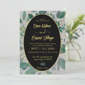 Invitation Elégant cadre géométrique or verdure, Mariage gris (Debout devant)