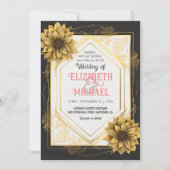 Invitation Elégant cadre Mariage Jaune Noir Tournesol Or (Devant)