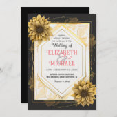 Invitation Elégant cadre Mariage Jaune Noir Tournesol Or (Devant / Derrière)