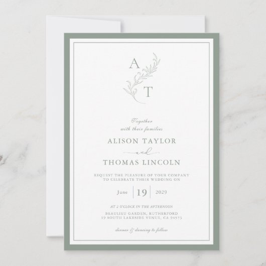 Invitation Elégant cadre Mariage Monogramme Vert Sage (Devant)