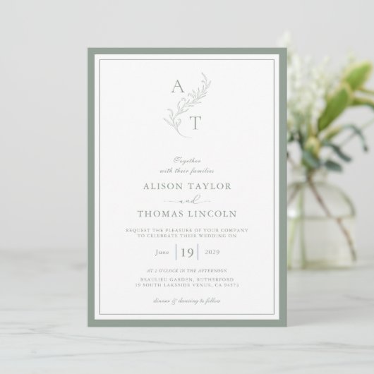Invitation Elégant cadre Mariage Monogramme Vert Sage (Debout devant)