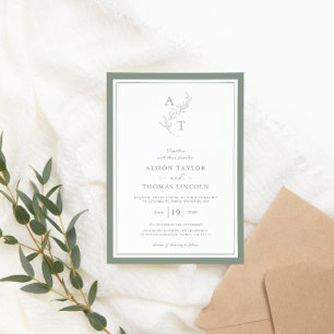 Invitation Elégant cadre Mariage Monogramme Vert Sage