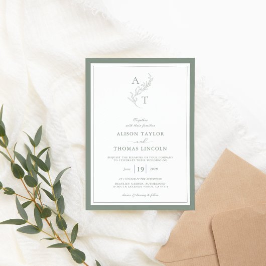 Invitation Elégant cadre Mariage Monogramme Vert Sage