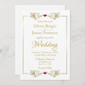 Invitation Elégant cadre or blanc Mariage coeur rouge (Devant / Derrière)