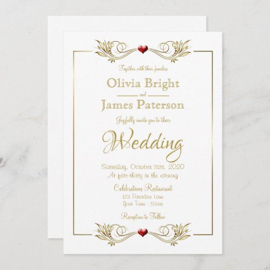 Invitation Elégant cadre or blanc Mariage coeur rouge (Devant / Derrière)