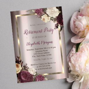 Invitation Elégant cadre or Bourgogne Rose retraite