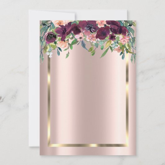 Invitation Elégant Cadre Or, Fleurs Bourgogne Retraite (Dos)