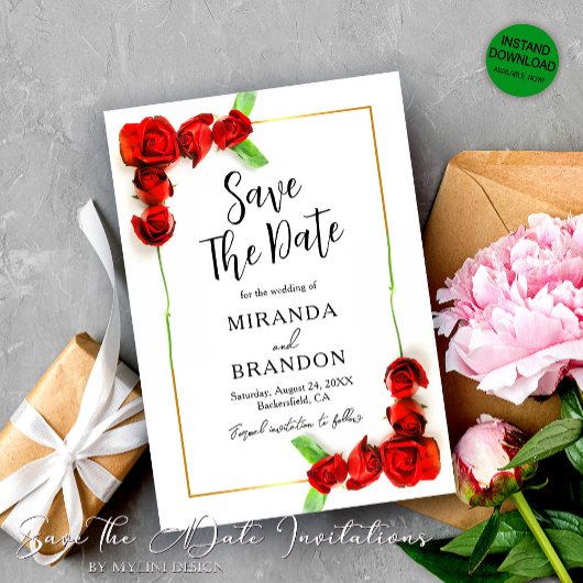 Invitation Elégant Cadre Or Floral Roses Rouge Enregistrer La