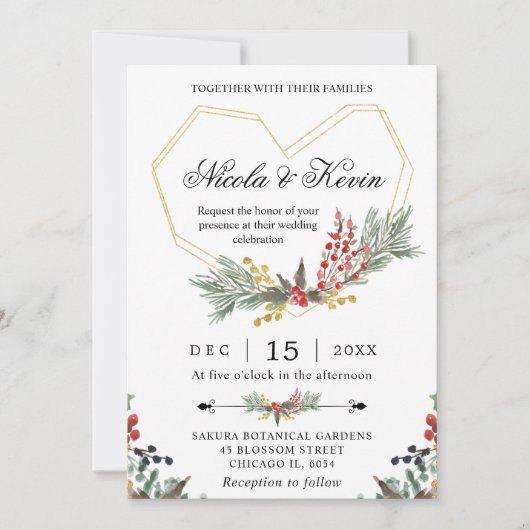 Invitation Elégant cadre Or & Hiver Holly Foliage Mariage (Devant)