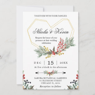 Invitation Elégant cadre Or & Hiver Holly Foliage Mariage