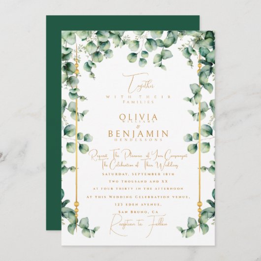 Invitation Elégant cadre or & Mariage de verdure Eucalyptus (Devant / Derrière)