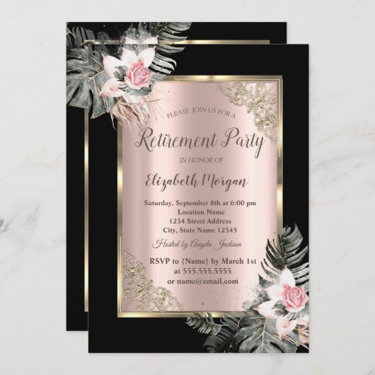 Invitation Elégant cadre or, Palm Feuille Rose retraite (Devant / Derrière)