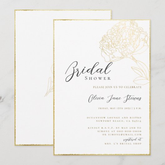 Invitation Elégant cadre or Peony croquis Boho Fête des marié (Devant / Derrière)