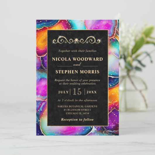 Invitation Elégant cadre or Rainbow Agate Mariage (Debout devant)