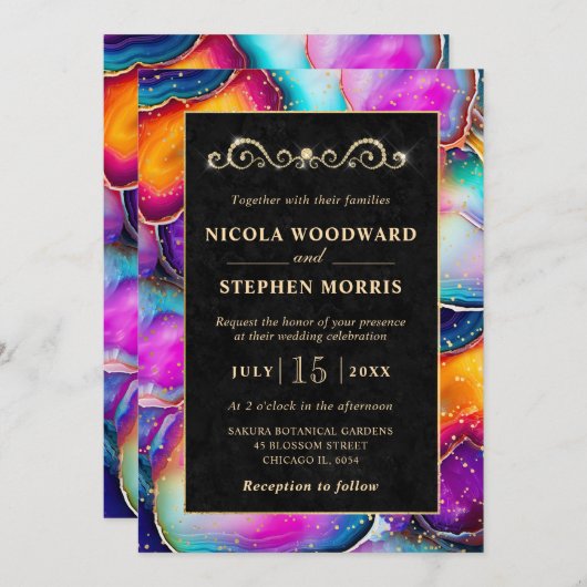 Invitation Elégant cadre or Rainbow Agate Mariage (Devant / Derrière)