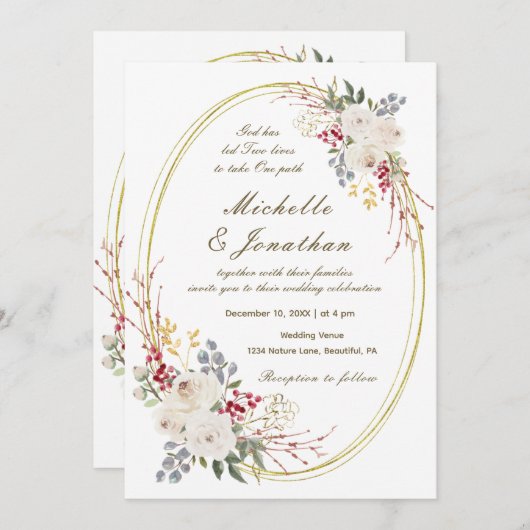 Invitation Élégant cadre or Rose blanche Mariage chrétien (Devant / Derrière)