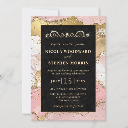 Invitation Elégant cadre or rose et noir Mariage Agate (Devant)
