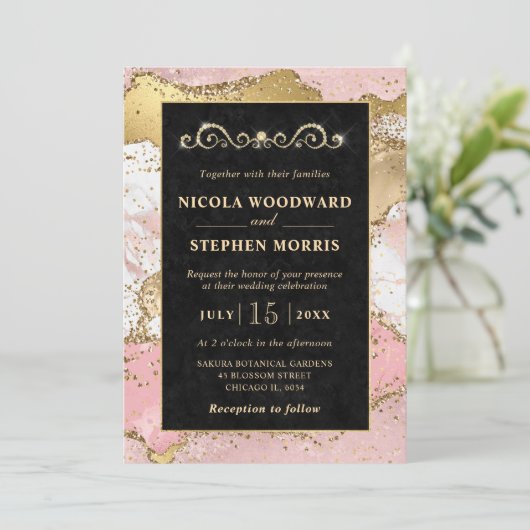 Invitation Elégant cadre or rose et noir Mariage Agate (Debout devant)