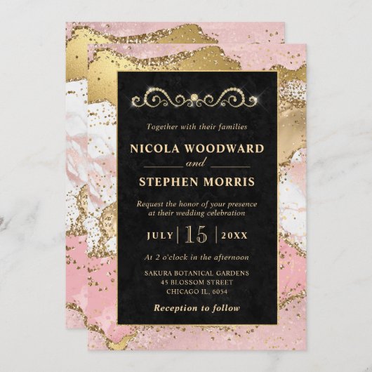 Invitation Elégant cadre or rose et noir Mariage Agate (Devant / Derrière)