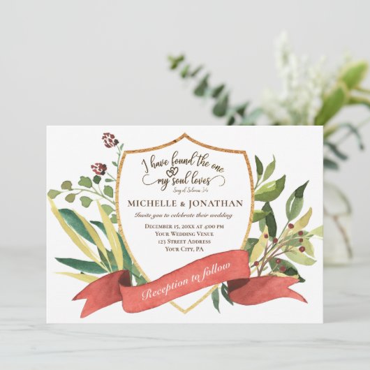 Invitation Elégant cadre or verdure Mariage chrétien (Debout devant)