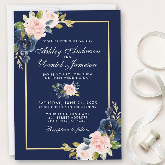 Invitation Elégant cadre rose bleu bleu floral Mariage or