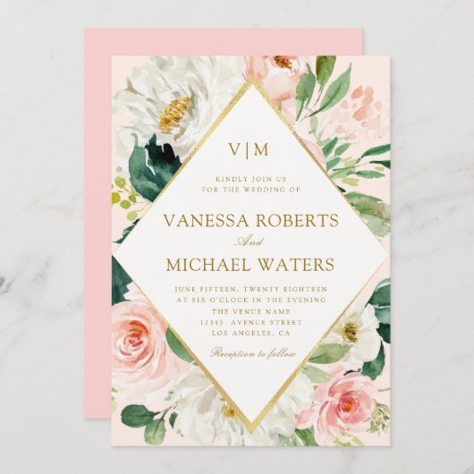 Invitation Élégant cadre rose mariage (Devant / Derrière)