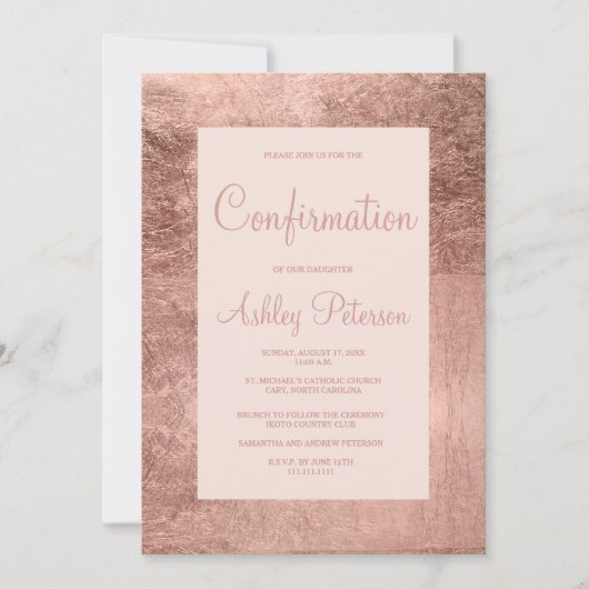 Invitation Elégant cadre rose or rose pâle confirmation (Devant)