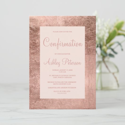 Invitation Elégant cadre rose or rose pâle confirmation (Debout devant)