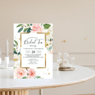 Invitation Elégant cadre rose rose floral or & gouttes